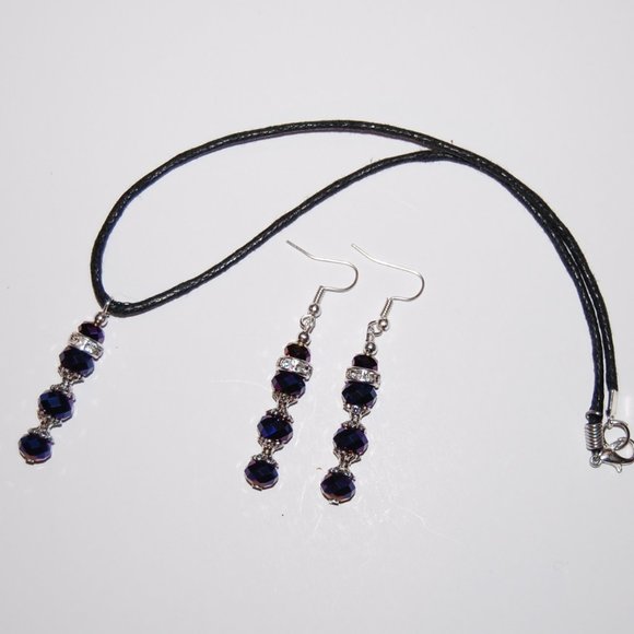 Purple Crystal Glass Necklace and Earring Set,Dark Purple Necklace Earrings - Picture 2 of 2